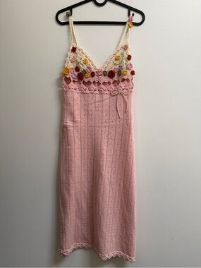 Lacemade 100% Cotton Pink & Cream Floral Crochet Midi Dress
